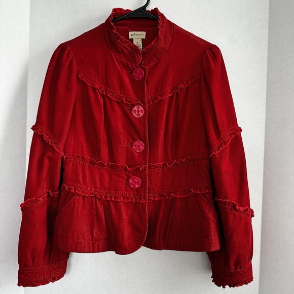 Anthropologie Elevenses Corduroy Jacket Women's Size 6 Red Ruffles Cotton Blend - Picture 1 of 7